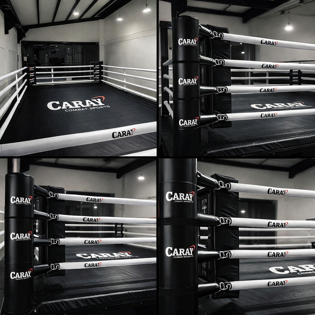 Ring de boxeo profesional Caray 5x5 con estructura metálica, lona negra y cuerdas blancas