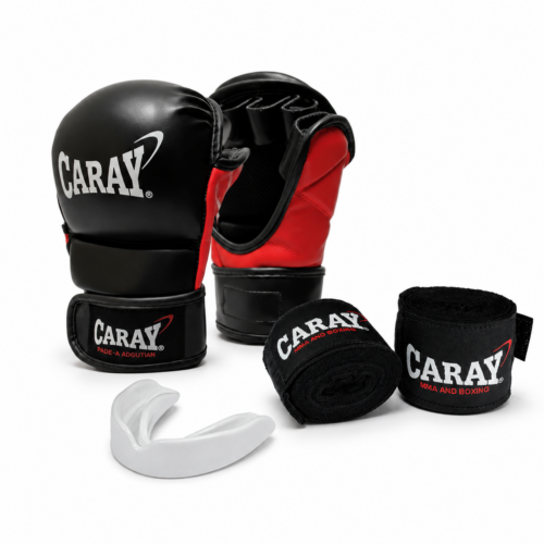 Kit guante MMA híbrido amateur negro rojo talla S con vendas profesionales y bucal