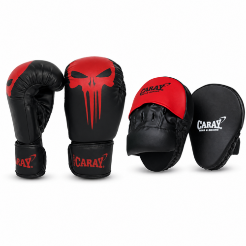 Kit Guante De Boxeo Liga Punisher Estampado ROJO 10 oz + Manoplas De Entenamiento Edición Fuerza Negro/Rojo