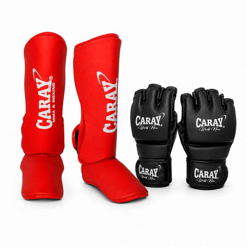 Kit espinillera con empeine clásica roja y guante MMA Pro II negro Caray