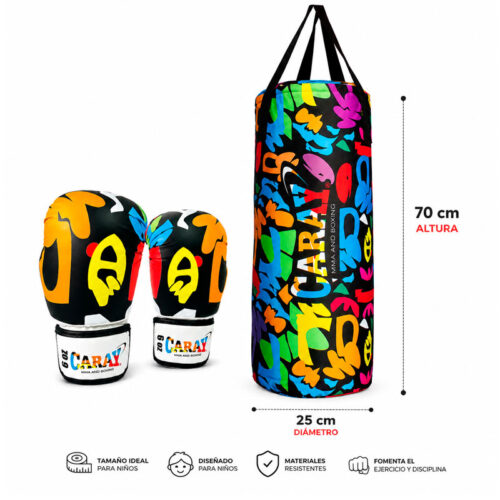 Kit saco de boxeo junior multicolor negro Caray con guante de boxeo infantil 6 Oz