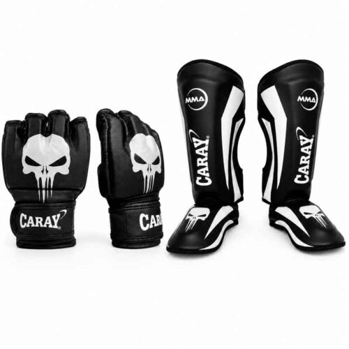 Kit Espinillera Pro IV Negro Blanco con Guante MMA Pro I Punisher Caray