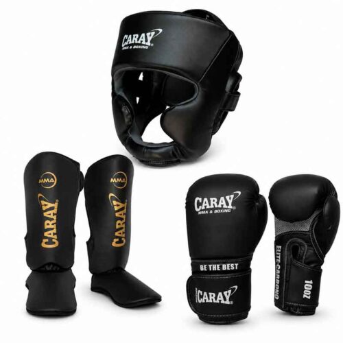 Kit boxeo Caray con espinillera Negro Dorado protector de cabeza Full Edition y guantes Elite