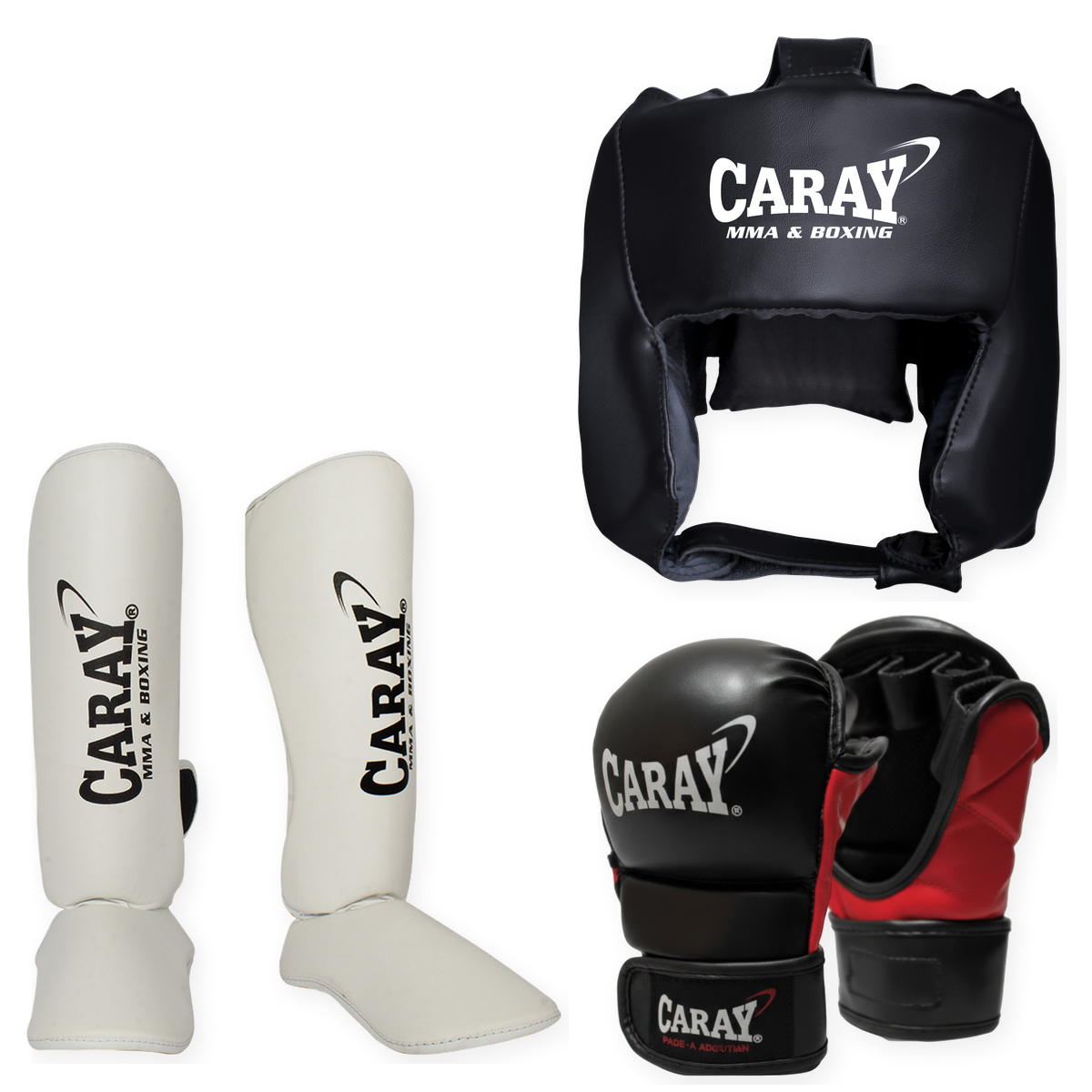 kit-espinilleras-profesionales-blancas-guantes-mma-hibridos-protector-cabeza-caray.jpg Kit de protección MMA Caray con espinilleras blancas, guantes híbridos Negro/Rojo y protector de cabeza negro